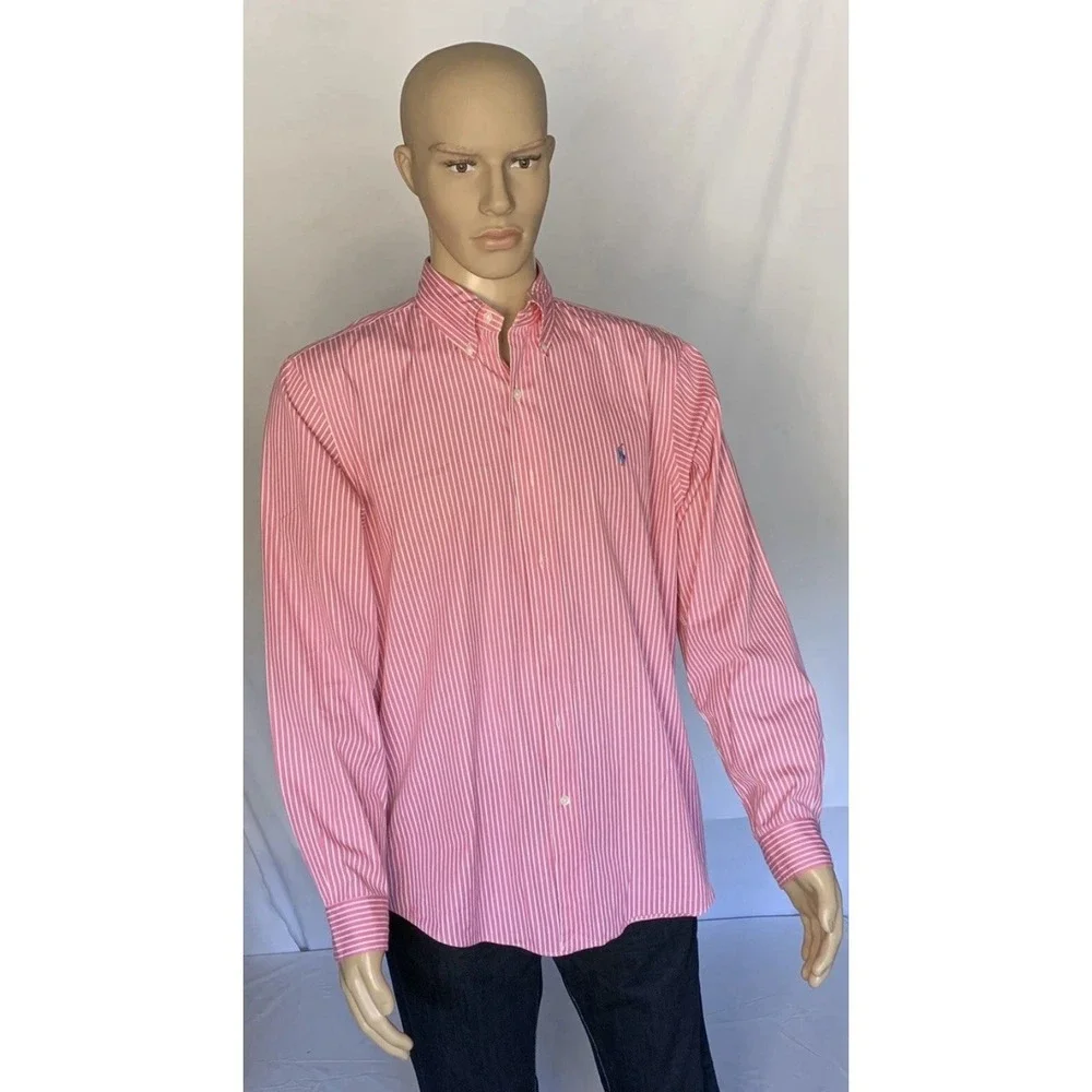 Ralph Lauren Shirt Boys Button Down XL (18-20) Pink White Striped Blue Pony Logo